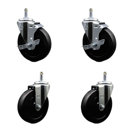 Service Caster 5'' Soft Rubber Wheel Swivel 7/16'' Grip Ring Stem Caster Set 2 Brakes, 4PK SCC-GR20S514-SRS-TLB-716138-2-S-2